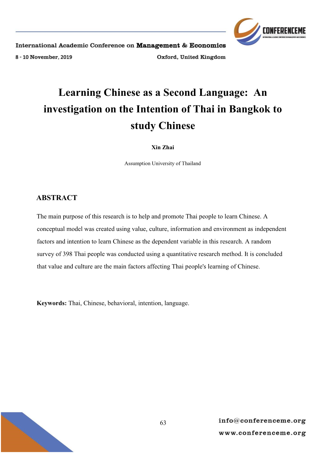 Learning Chinese As a Second Language: an Investigation on the Intention of Thai in Bangkok To