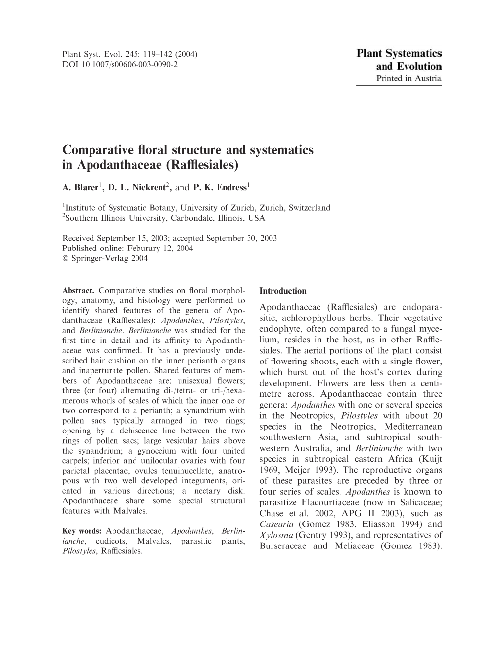 Comparative Floral Structure and Systematics in Apodanthaceae