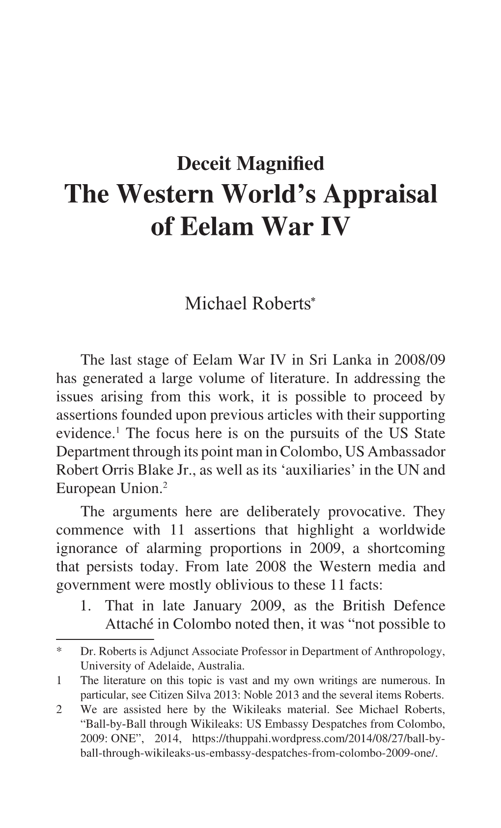 The Western World's Appraisal of Eelam War IV