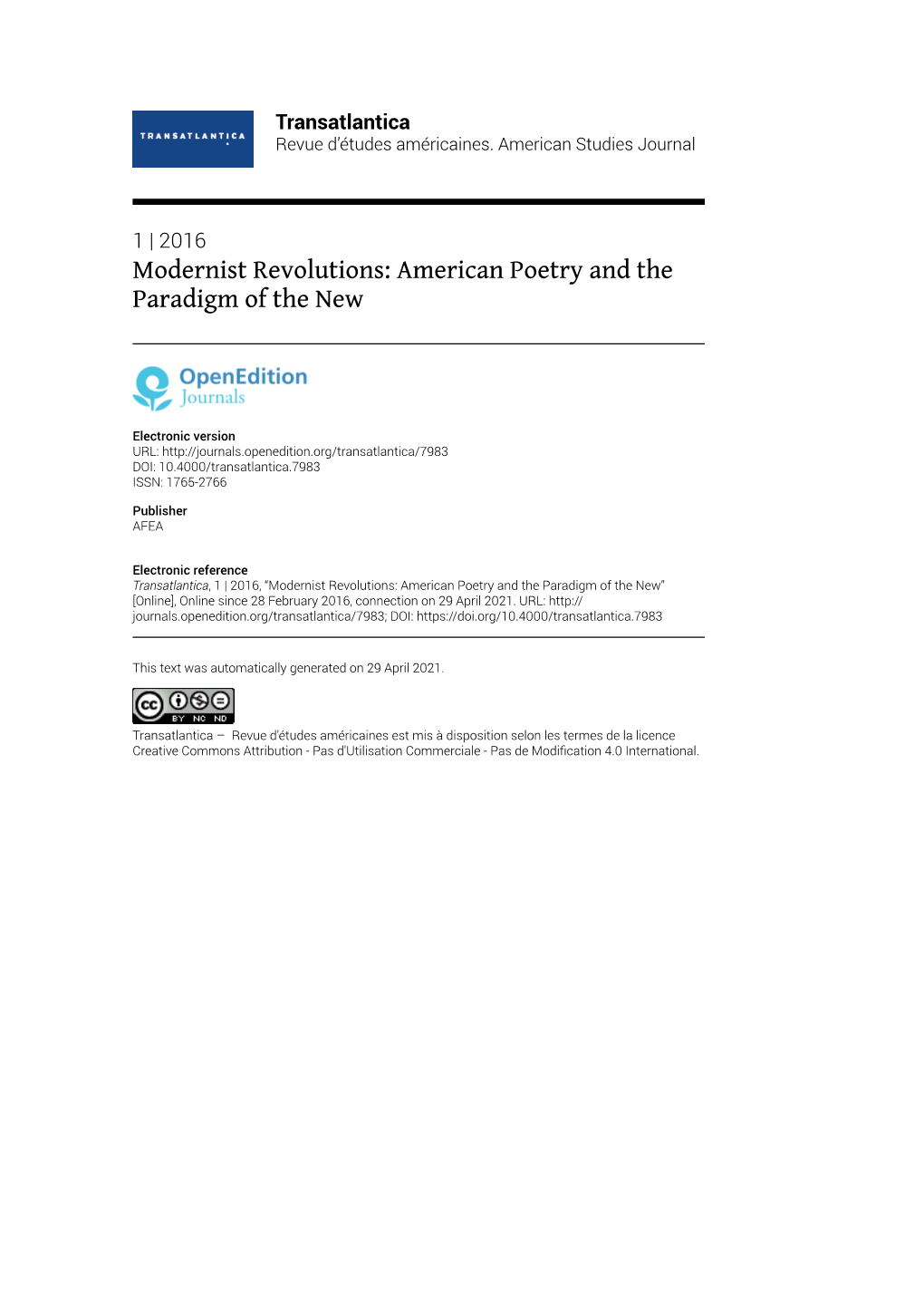 Transatlantica, 1 | 2016, “Modernist Revolutions: American Poetry and the Paradigm of the New” [Online], Online Since 28 February 2016, Connection on 29 April 2021