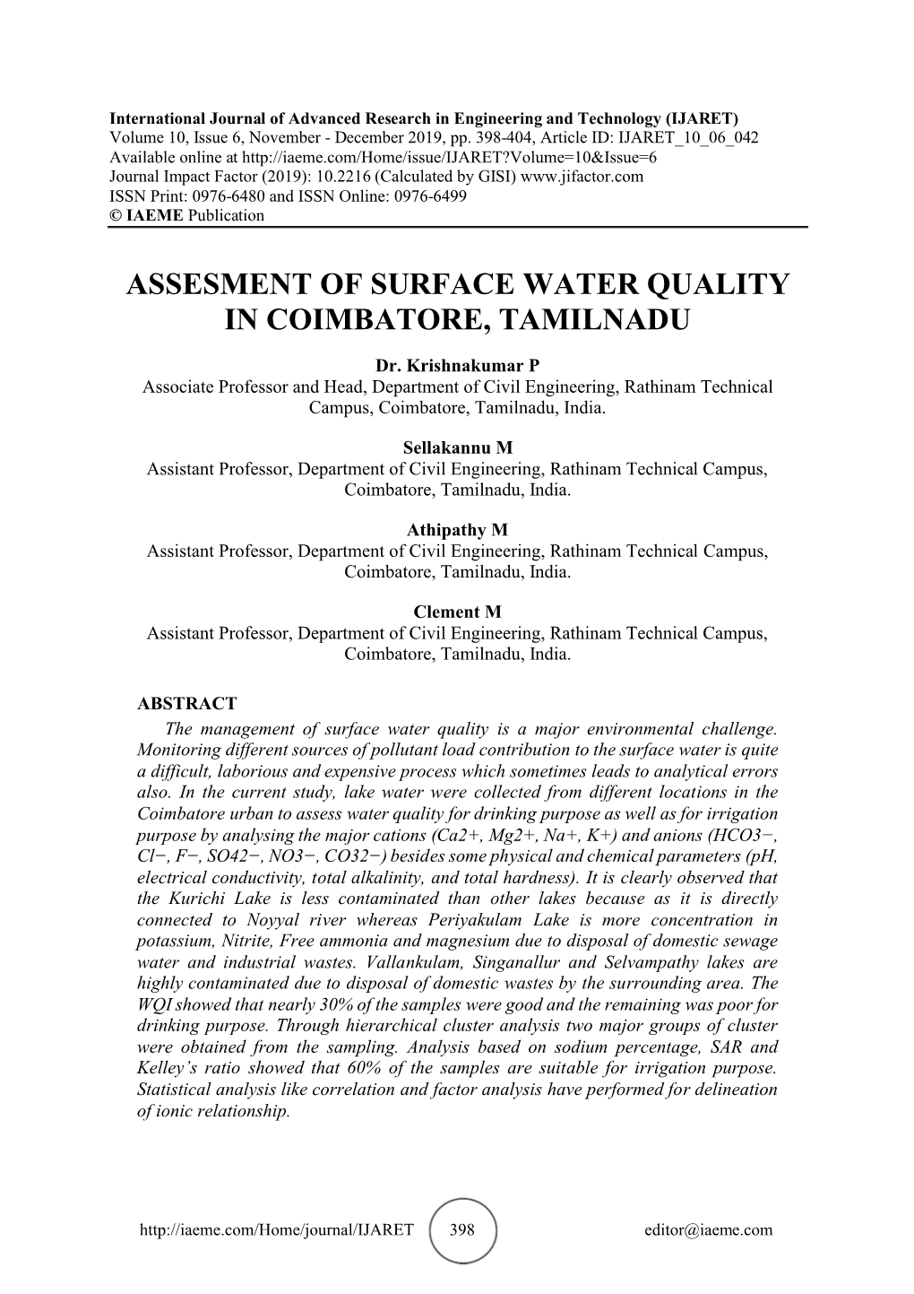 Assesment of Surface Water Quality in Coimbatore, Tamilnadu