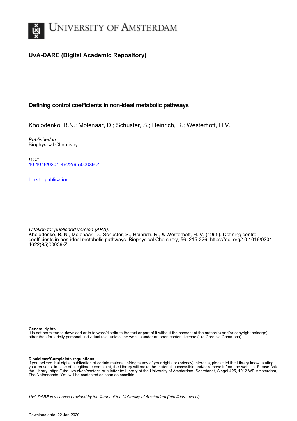 Defining Control Coefficients in Non-Ideal Metabolic Pathways Kholodenko, BN