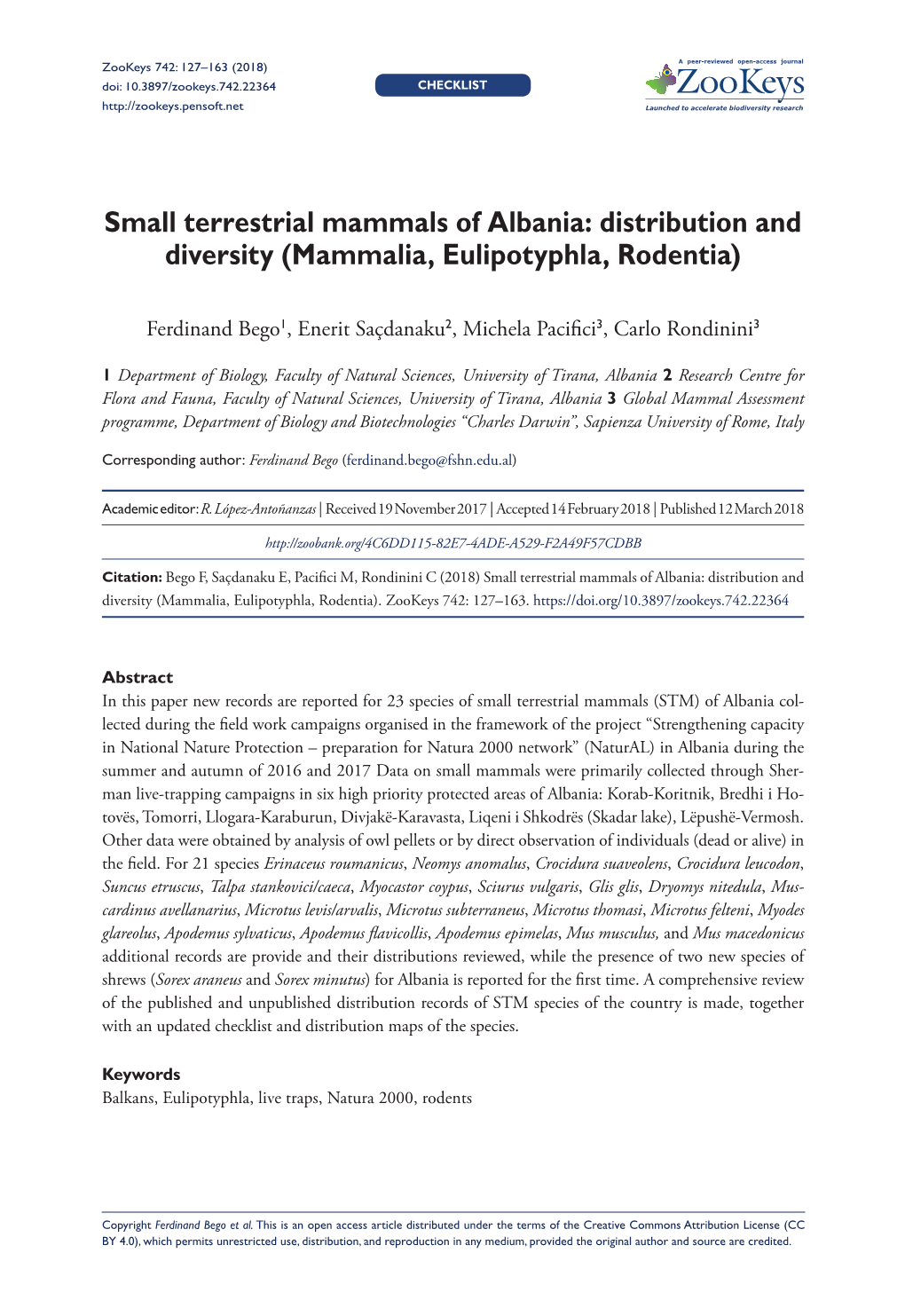 Small Terrestrial Mammals of Albania: Distribution and Diversity