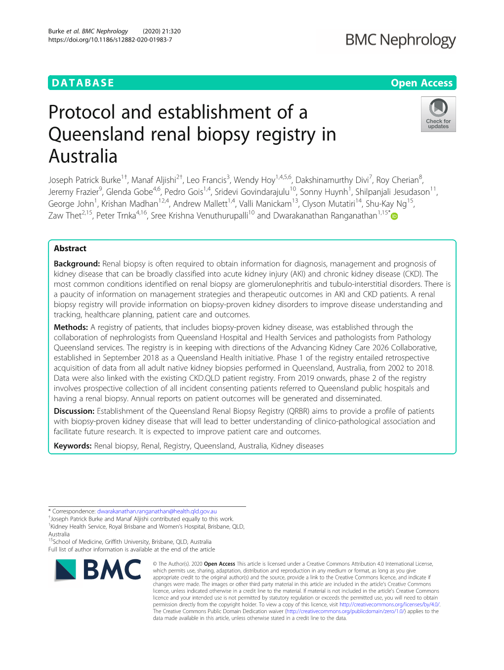 Protocol and Establishment of a Queensland Renal Biopsy Registry In