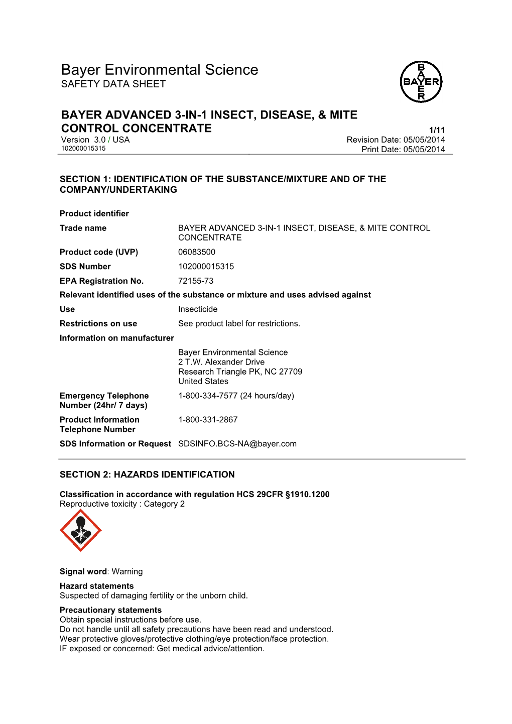 Bayer Environmental Science SAFETY DATA SHEET