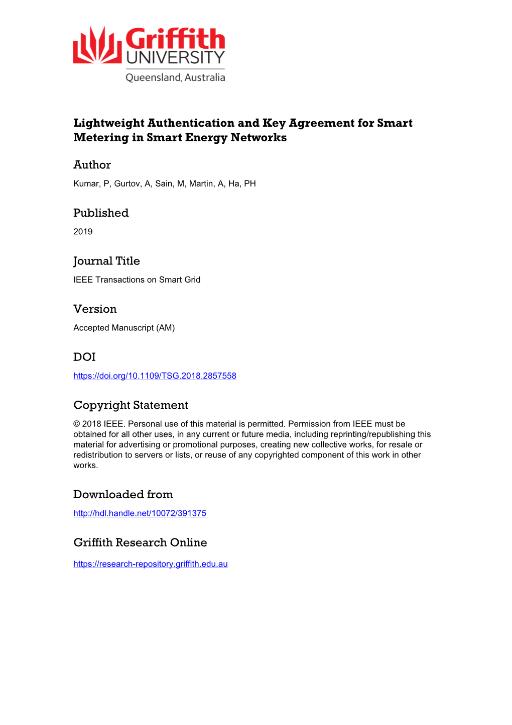 Lightweight Authentication and Key Agreement for Smart Metering in Smart Energy Networks