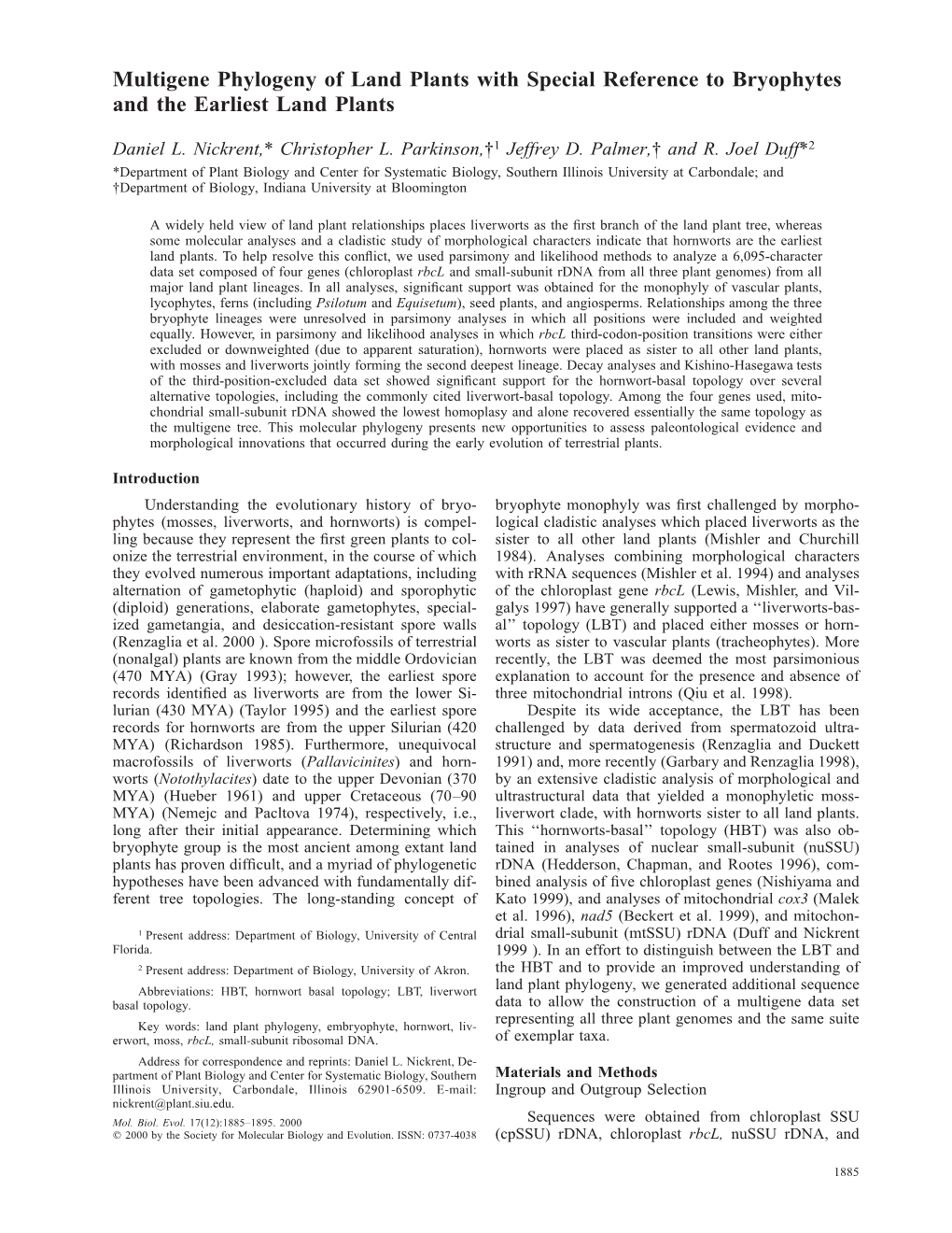 Multigene Phylogeny of Land Plants with Special Reference to Bryophytes and the Earliest Land Plants