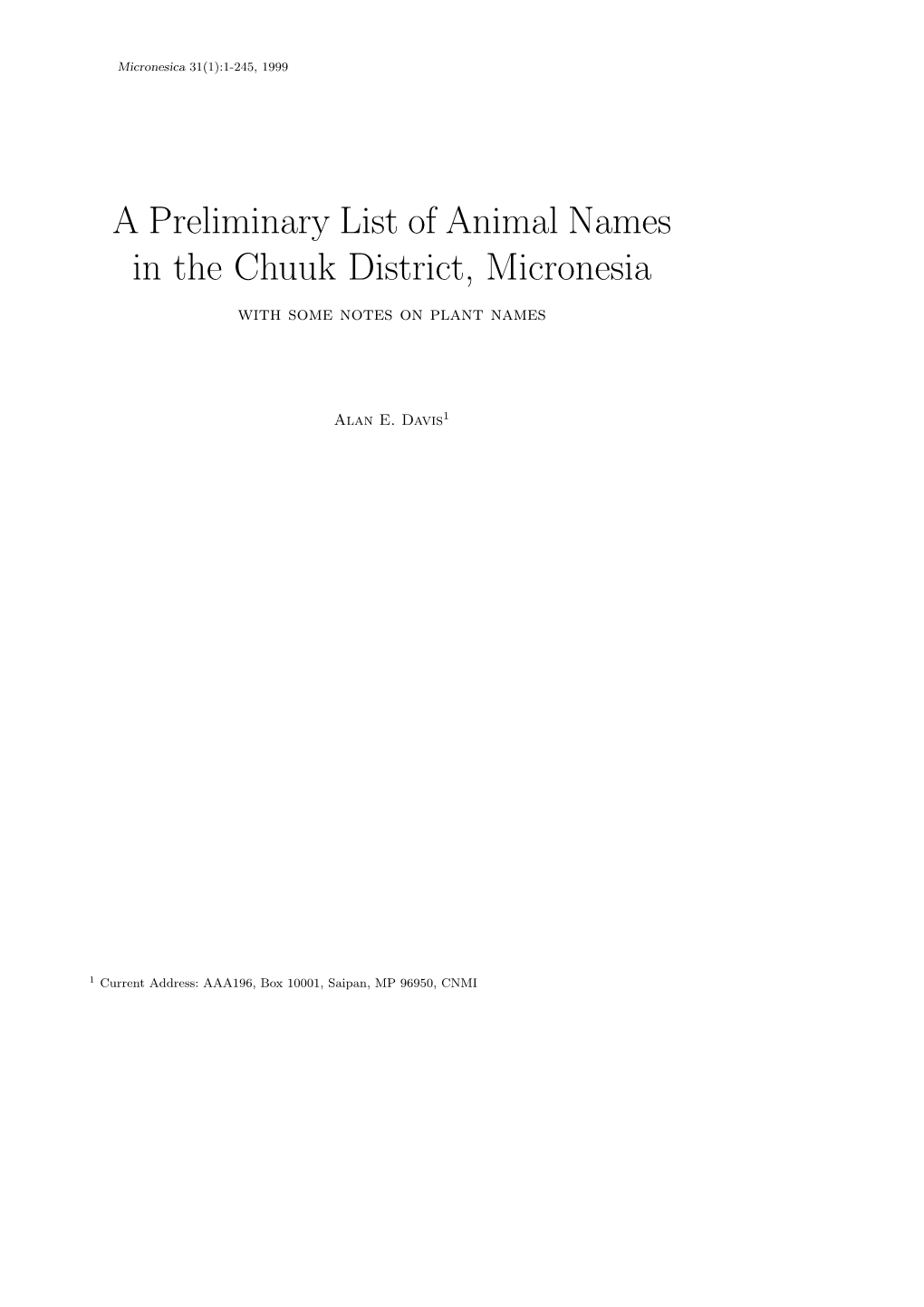 A Preliminary List of Animal Names in the Chuuk District, Micronesia with Some Notes on Plant Names