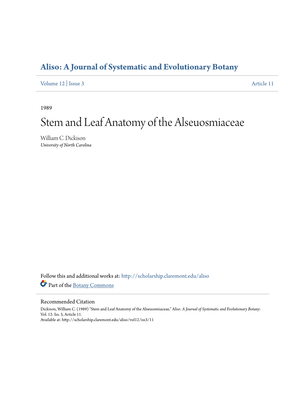 Stem and Leaf Anatomy of the Alseuosmiaceae William C