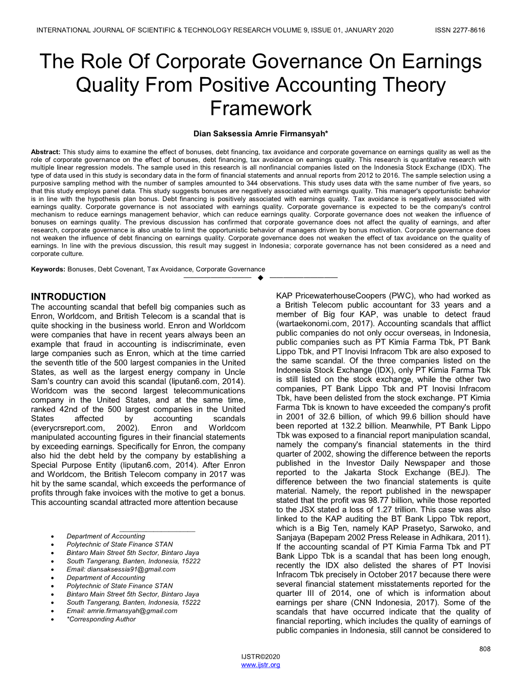 The Role of Corporate Governance on Earnings Quality from Positive Accounting Theory Framework