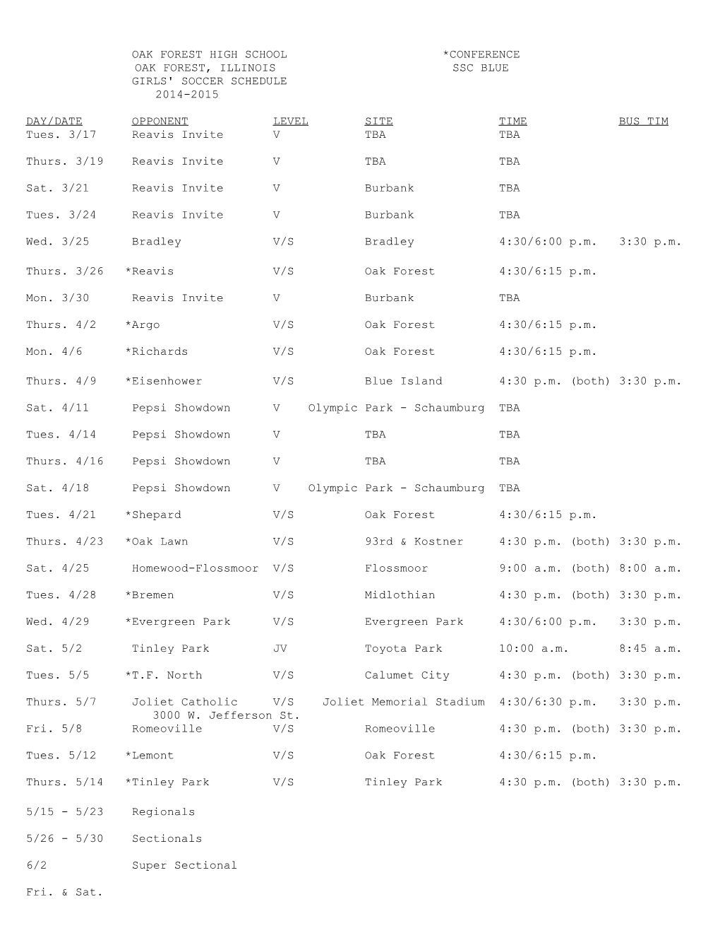 Girls Soccer Schedule