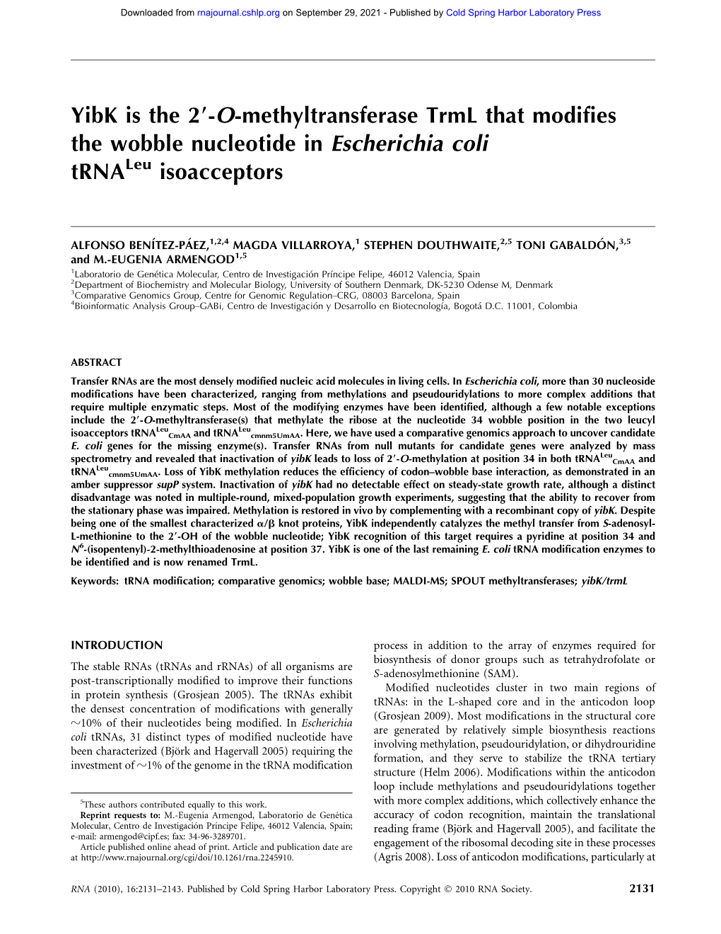 Yibk Is the 29-O-Methyltransferase Trml That Modifies the Wobble