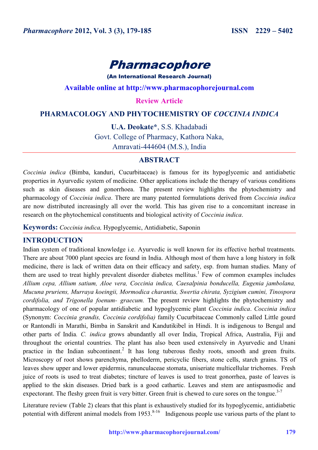 Pharmacology and Phytochemistry of Coccinia Indica U.A