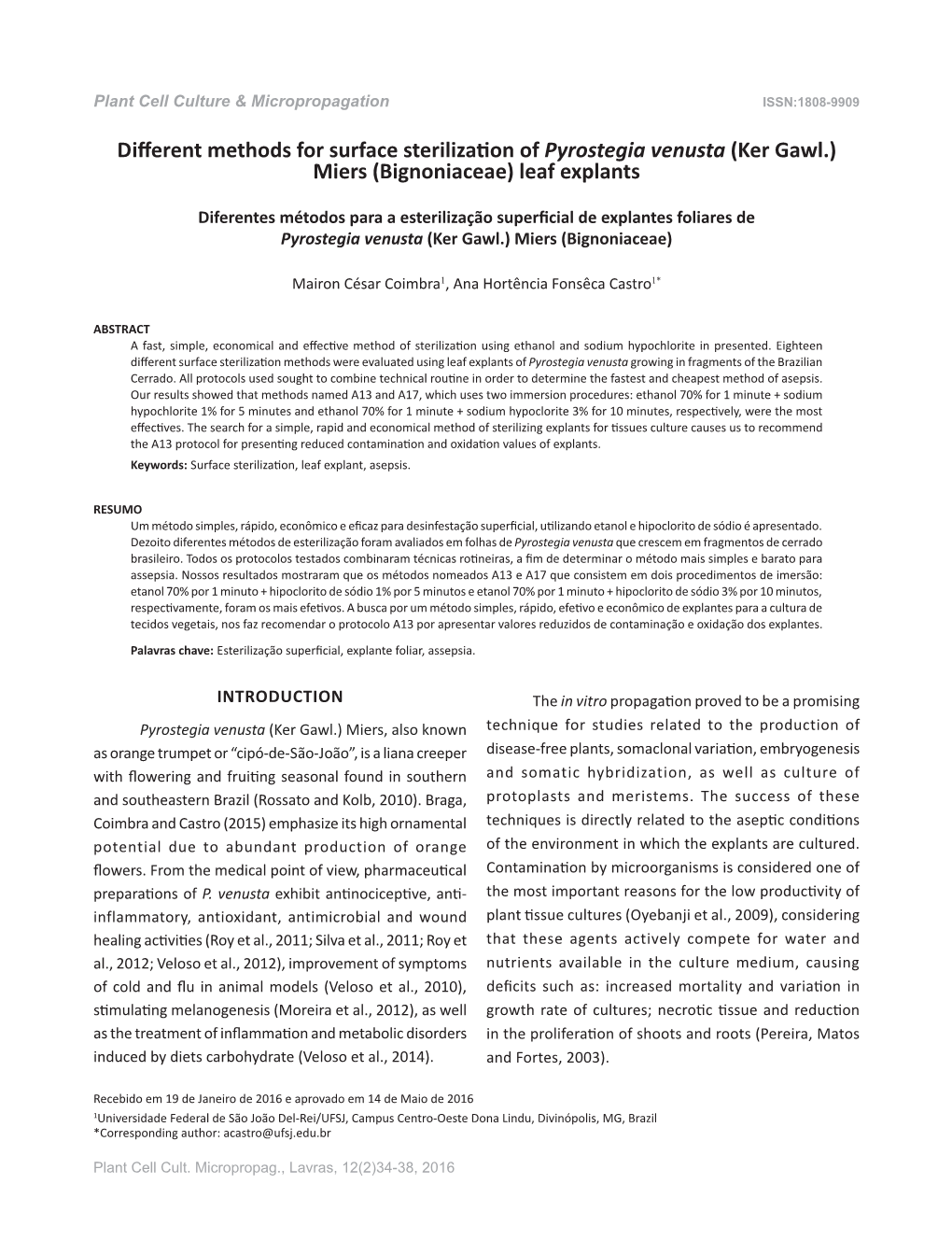 Different Methods for Surface Sterilization of Pyrostegia Venusta