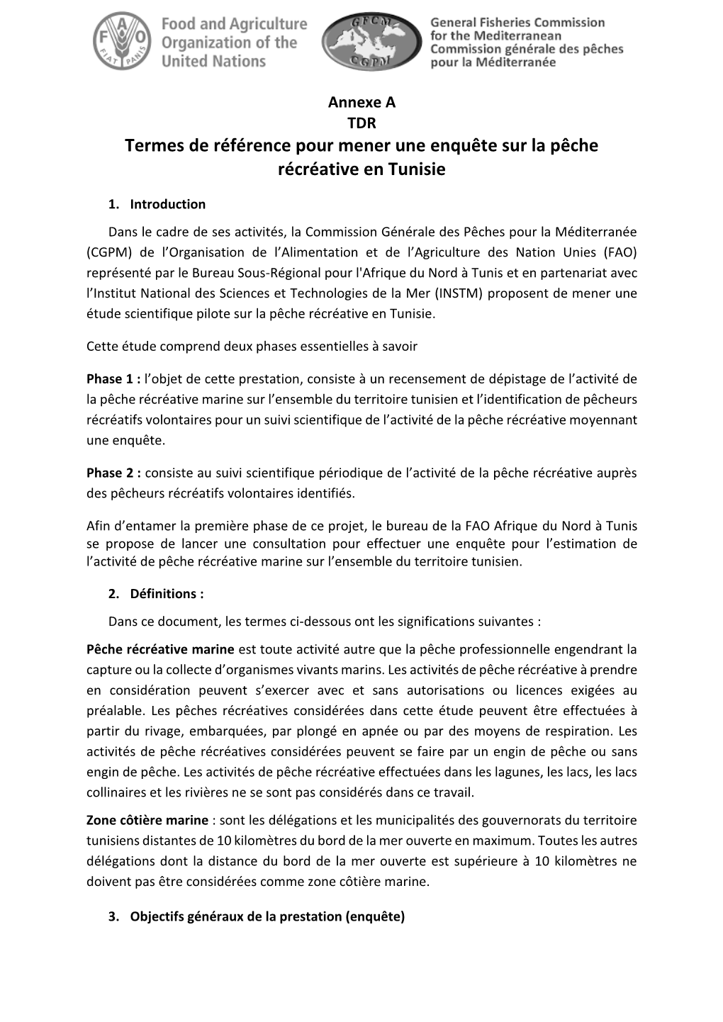 Termes De Référence Pour Mener Une Enquête Sur La Pêche Récréative En Tunisie