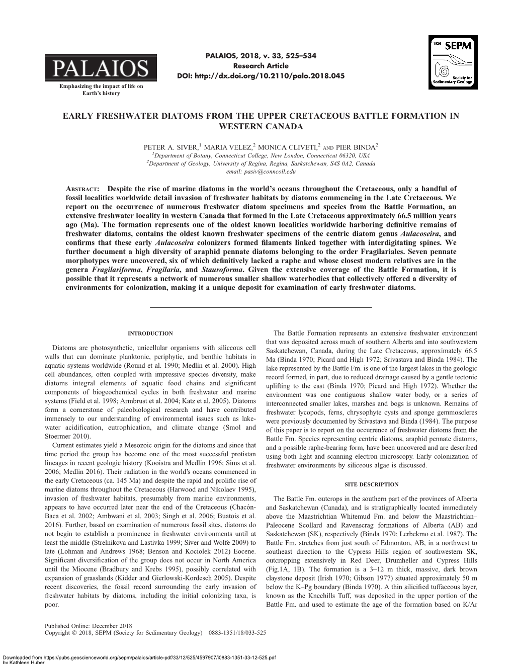 Early Freshwater Diatoms from the Upper Cretaceous Battle Formation in Western Canada