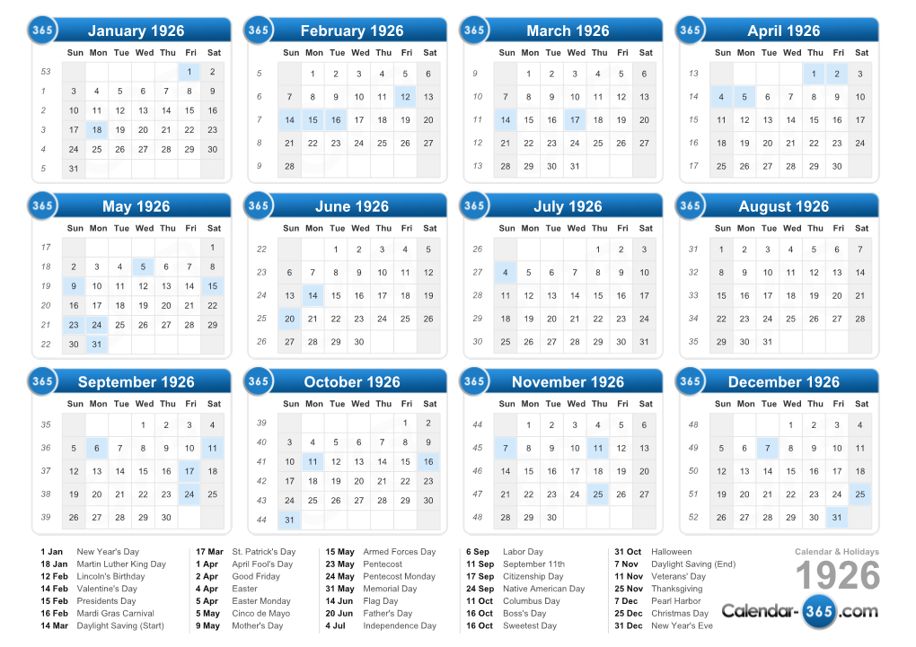 Calendar 1926 & Holidays 1926