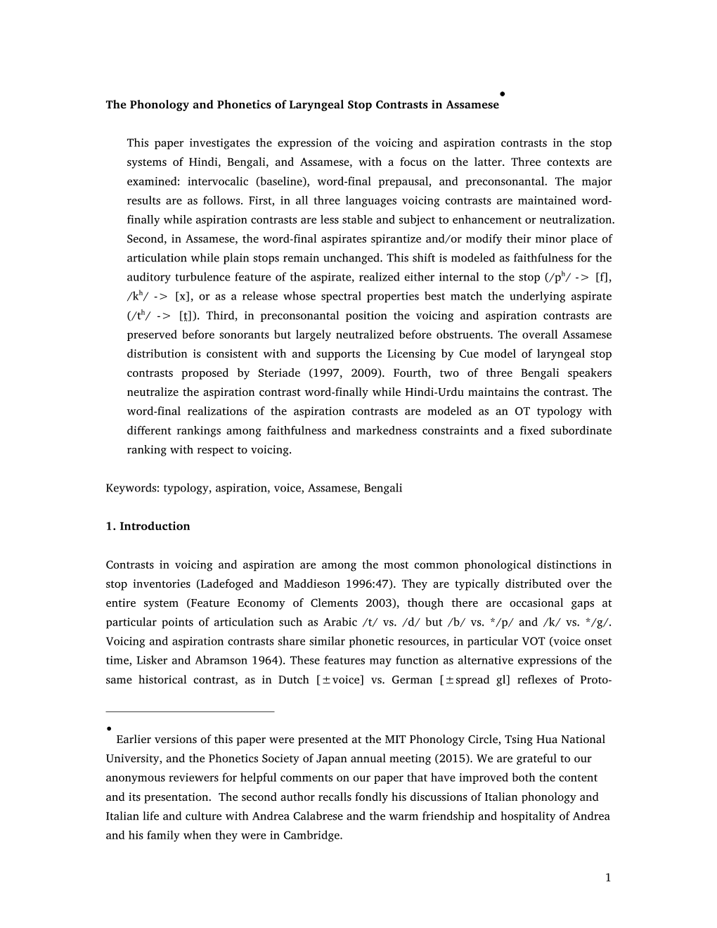 The Phonology and Phonetics of Laryngeal Stop Contrasts in Assamese