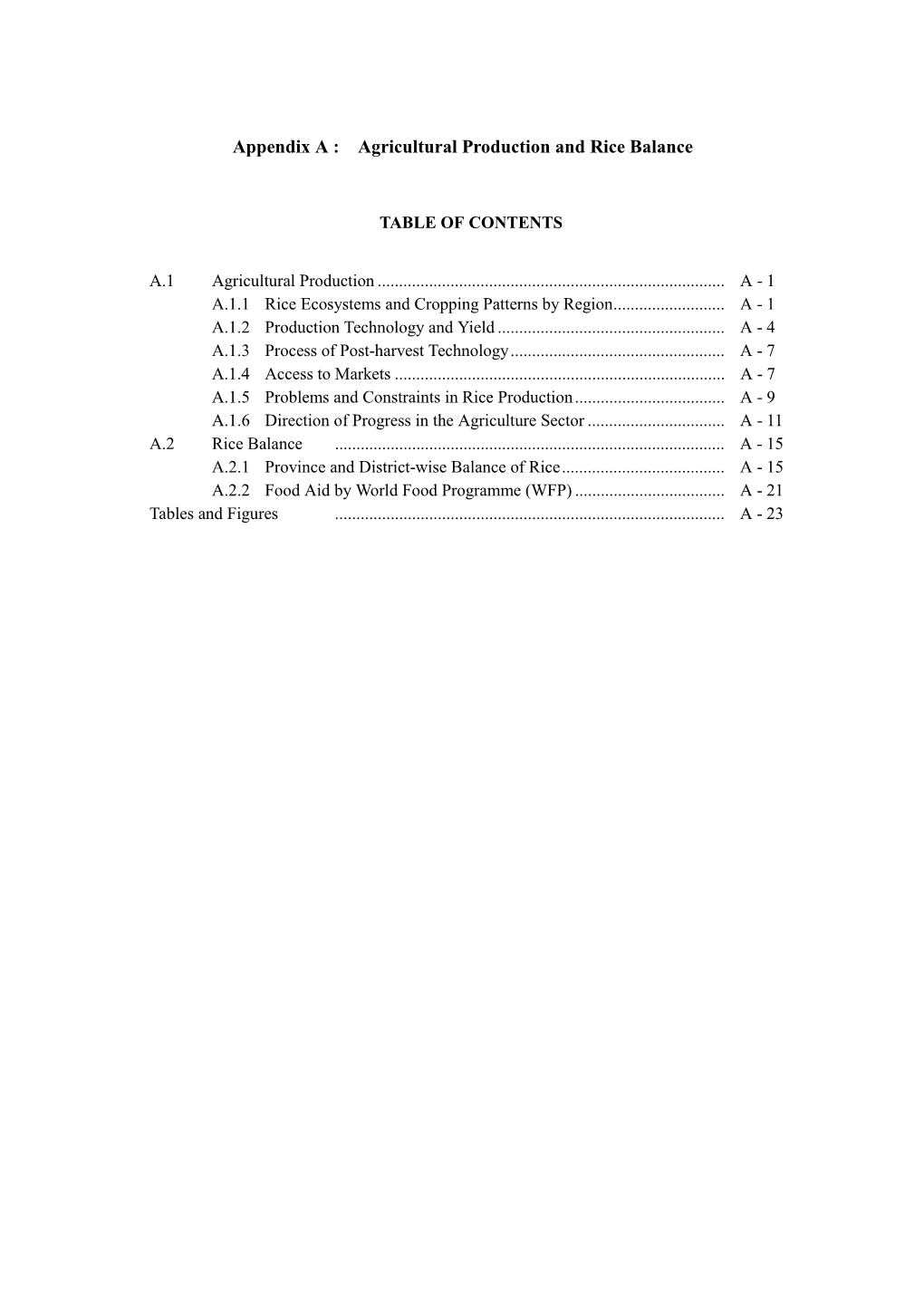 Appendix a : Agricultural Production and Rice Balance