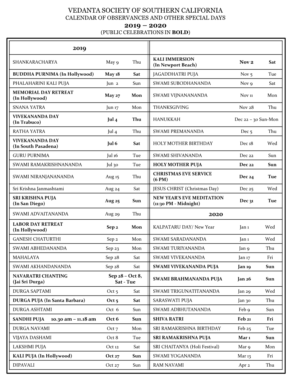 2019 – 2020 (Public Celebrations in Bold)