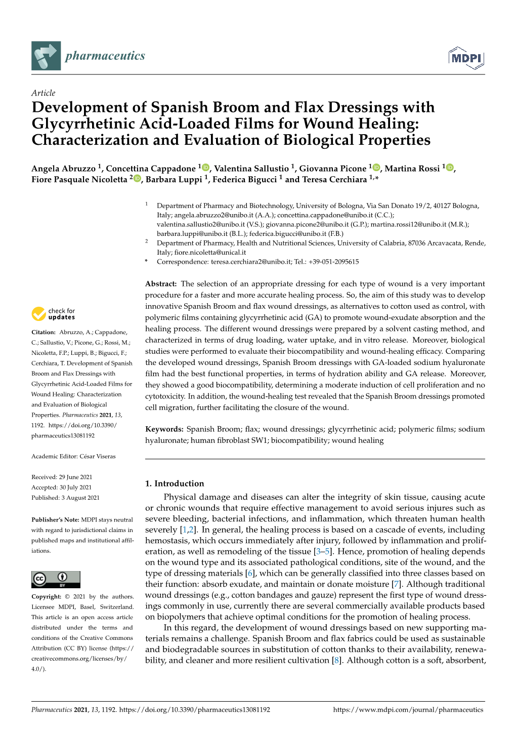 Development of Spanish Broom and Flax Dressings with Glycyrrhetinic Acid-Loaded Films for Wound Healing: Characterization and Evaluation of Biological Properties