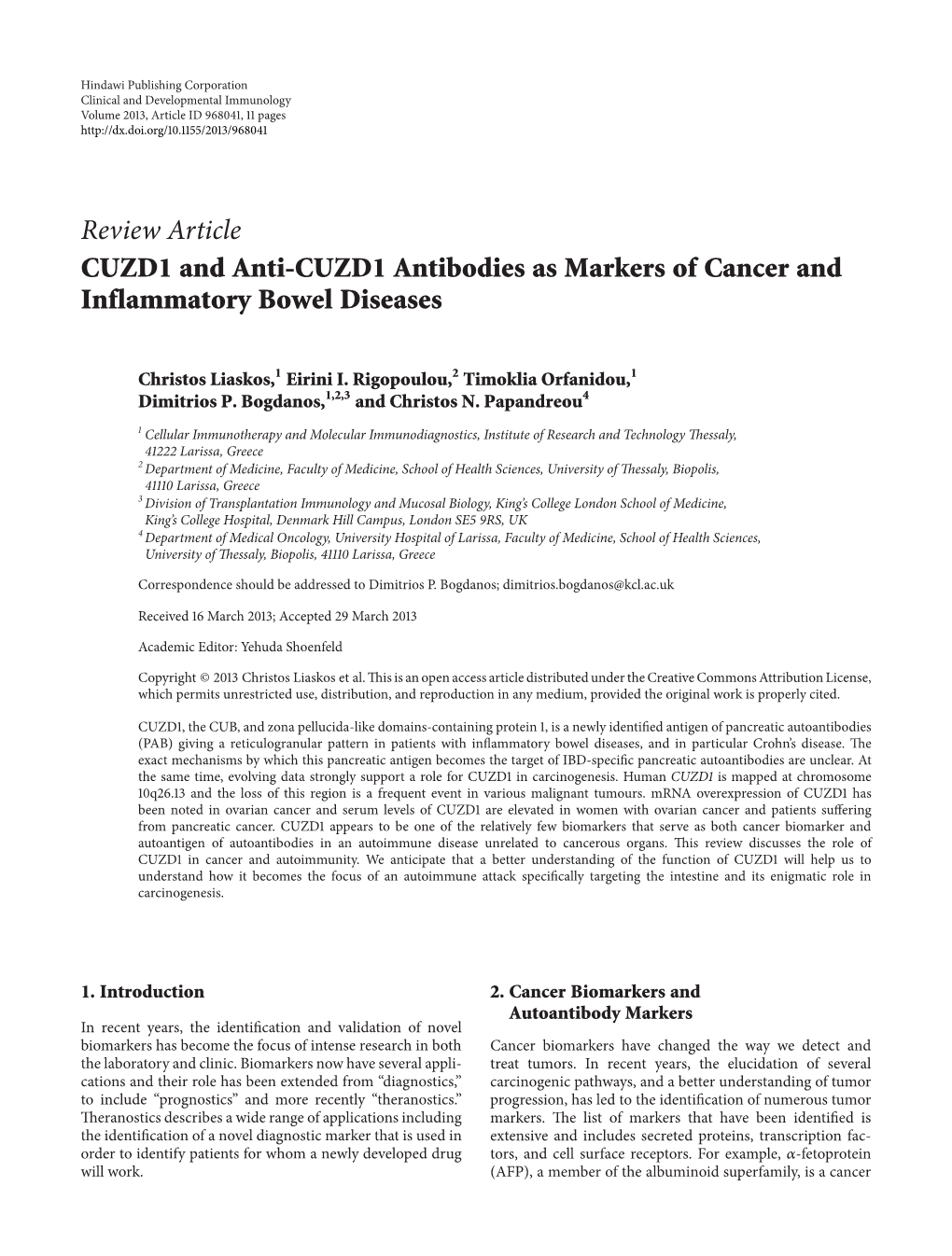 Review Article CUZD1 and Anti-CUZD1 Antibodies As Markers of Cancer and Inflammatory Bowel Diseases