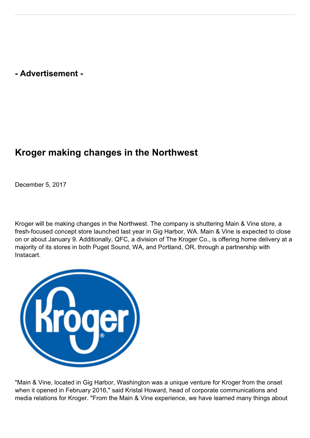 Kroger Making Changes in the Northwest