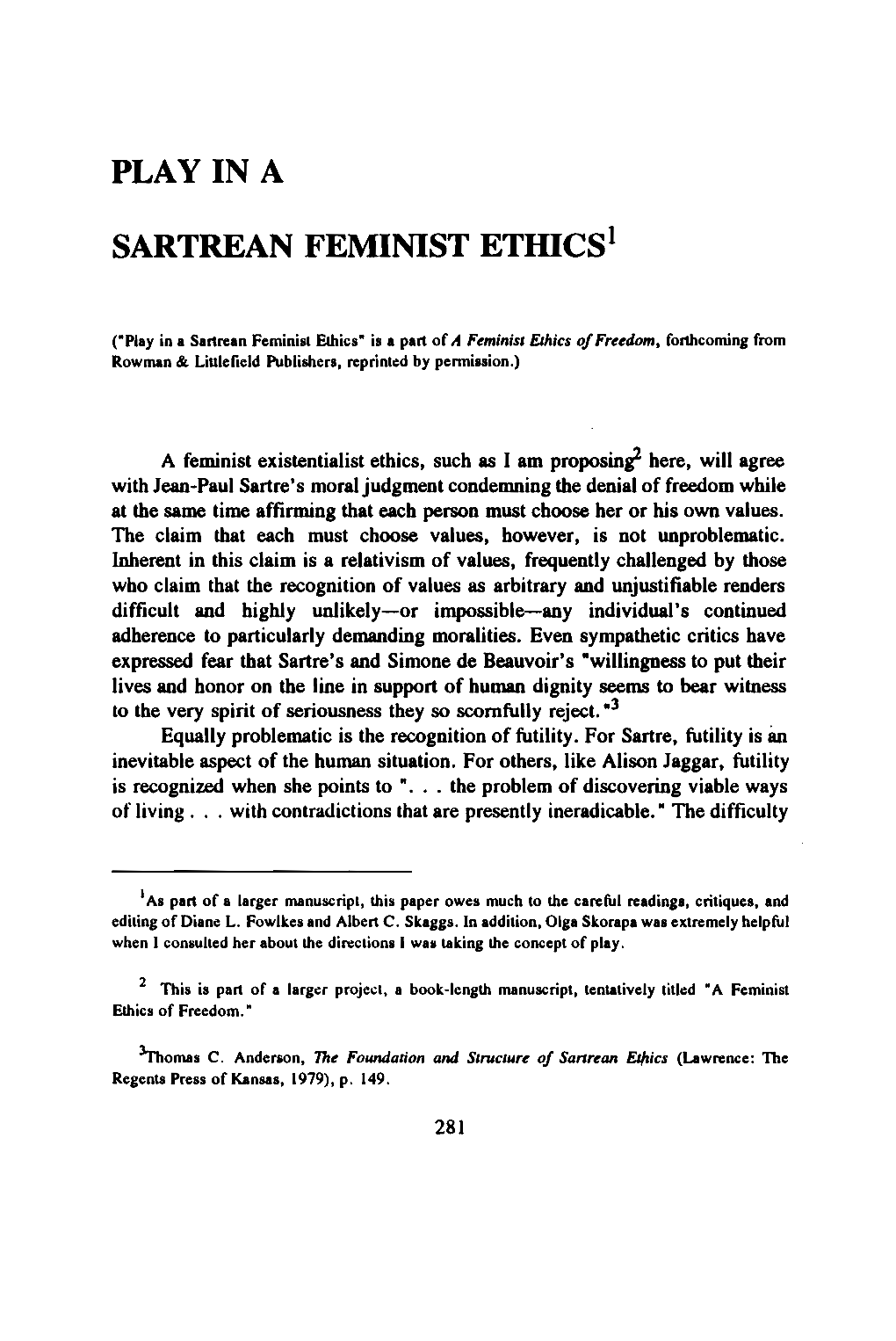 Play in a Sartrean Feminist Etidcs