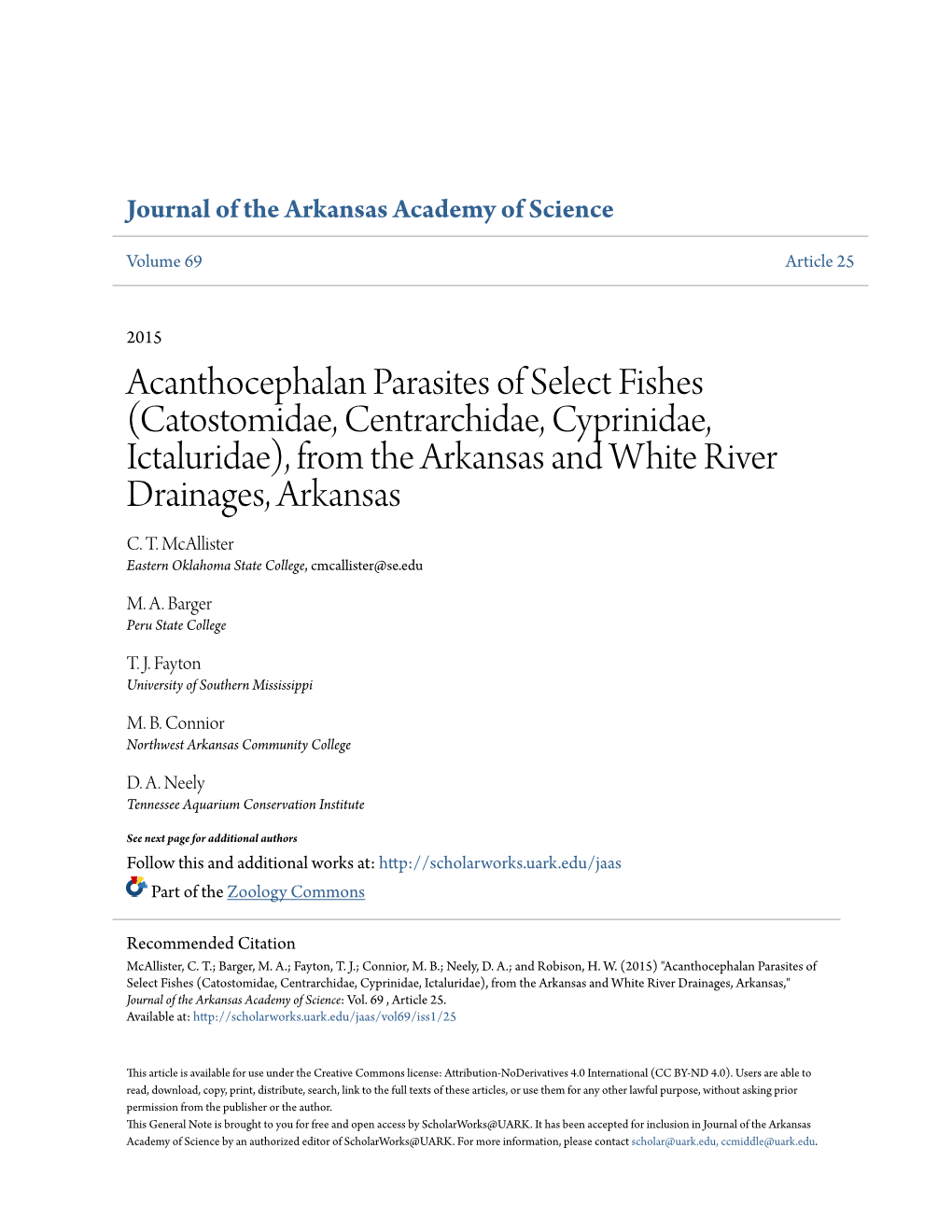 Acanthocephalan Parasites of Select Fishes (Catostomidae, Centrarchidae, Cyprinidae, Ictaluridae), from the Arkansas and White River Drainages, Arkansas C