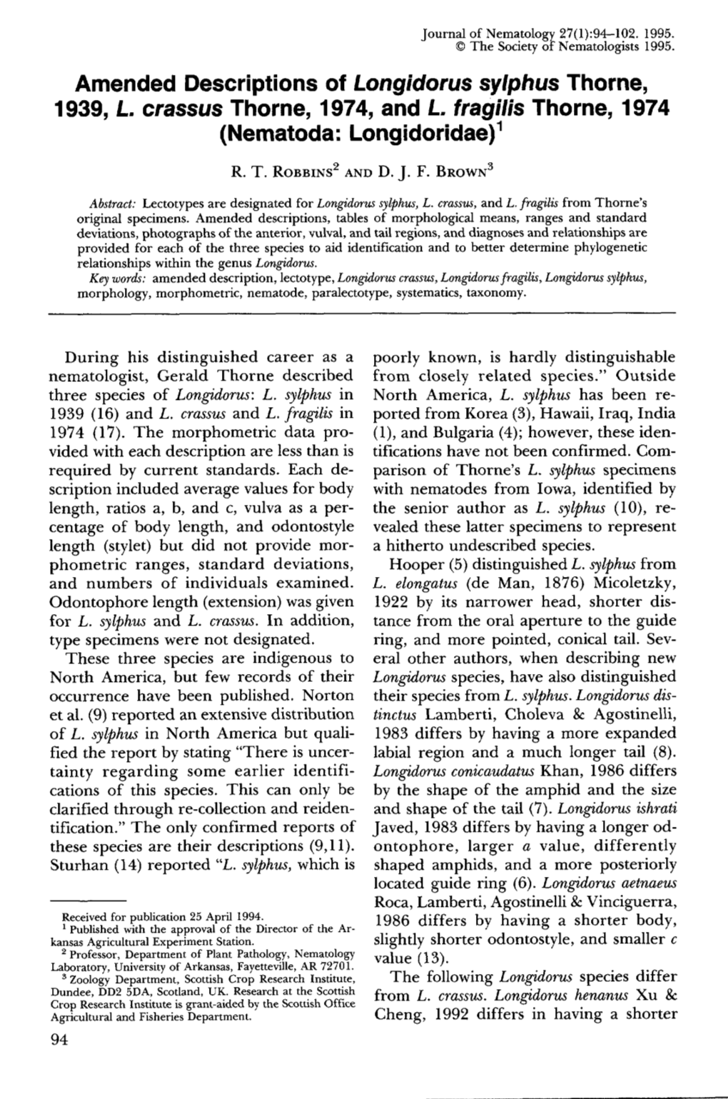 Amended Descriptions of Longidorus Sylphus Thorne, 1939, L. Crassus Thorne, 1974, and L