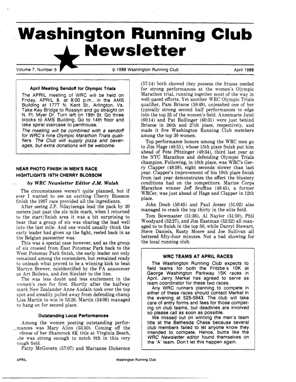 Washington Running Club Newsletter