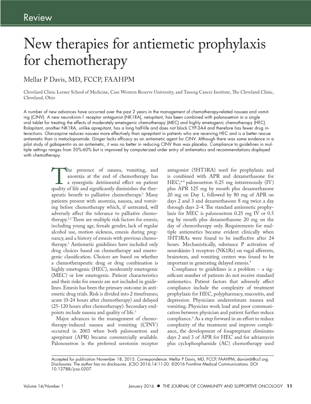 New Therapies for Antiemetic Prophylaxis for Chemotherapy