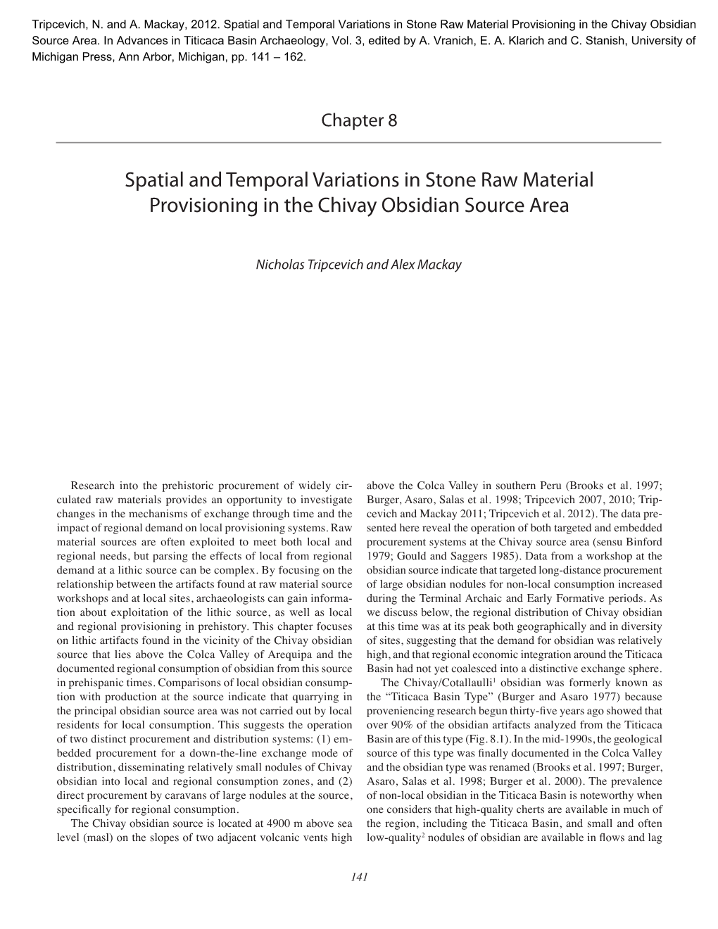 Spatial and Temporal Variations in Stone Raw Material Provisioning in the Chivay Obsidian Source Area