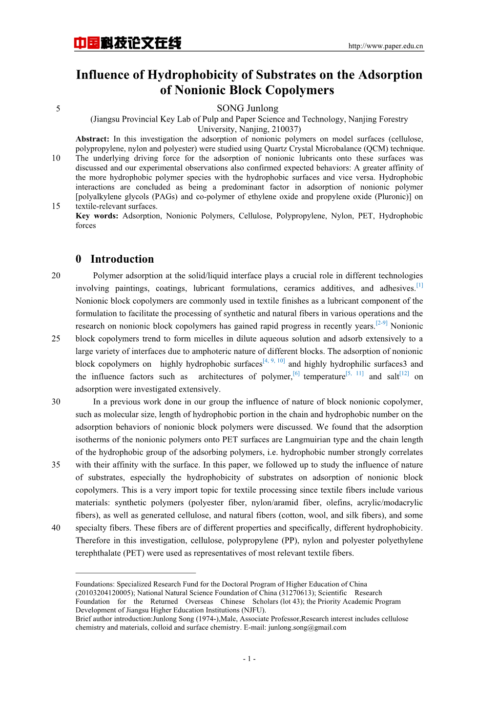 中国科技论文在线 Influence of Hydrophobicity of Substrates on The