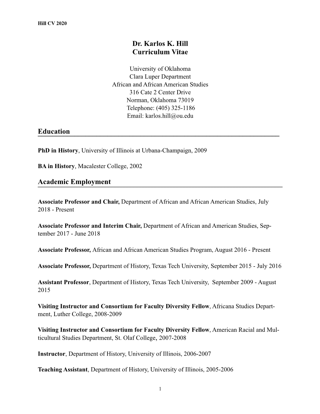 Dr. Karlos K. Hill CV (October 2020)