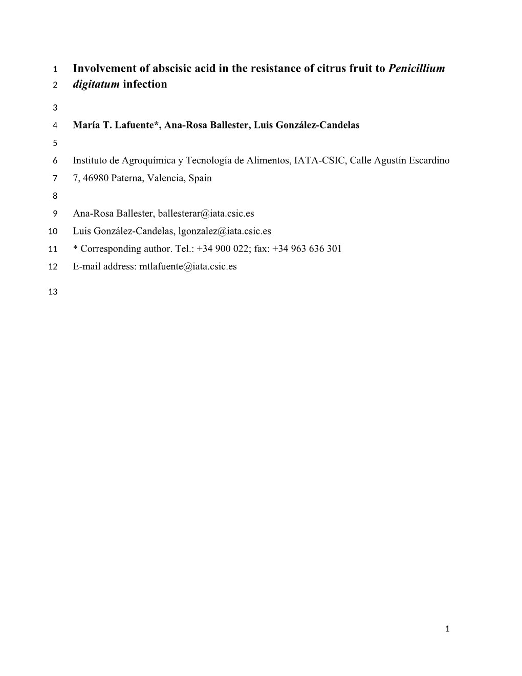 Involvement of Abscisic Acid in the Resistance of Citrus Fruit to Penicillium 2 Digitatum Infection