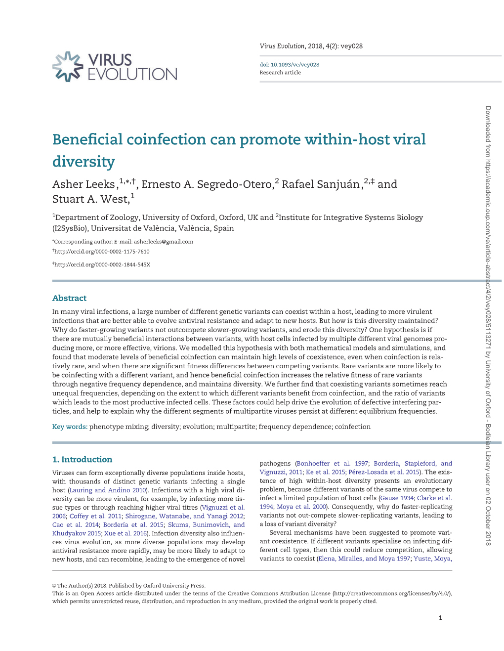 Beneficial Coinfection Can Promote Within-Host Viral Diversity Asher Leeks,1,*,†, Ernesto A