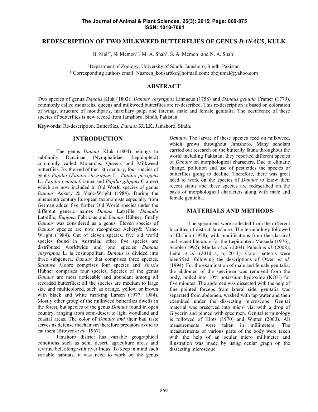 Redescription of Two Milkweed Butterflies of Genus Danaus, Kulk