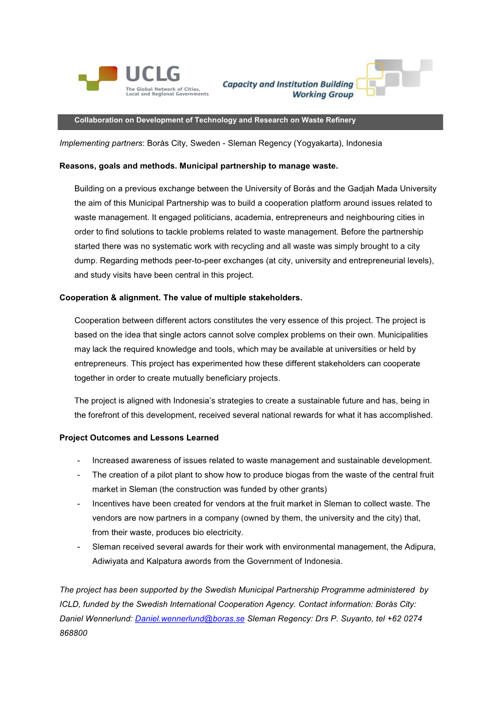 Implementing Partners: Borås City, Sweden - Sleman Regency (Yogyakarta), Indonesia