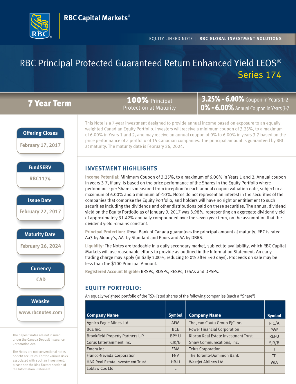 RBC Principal Protected Guaranteed Return Enhanced Yield LEOS® Series 174