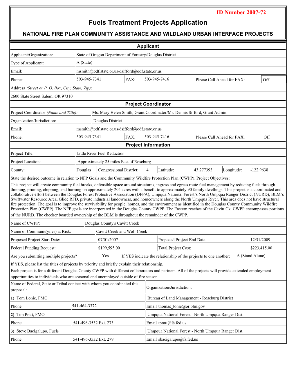 Fuels Treatment Projects Application NATIONAL FIRE PLAN COMMUNITY ASSISTANCE and WILDLAND URBAN INTERFACE PROJECTS