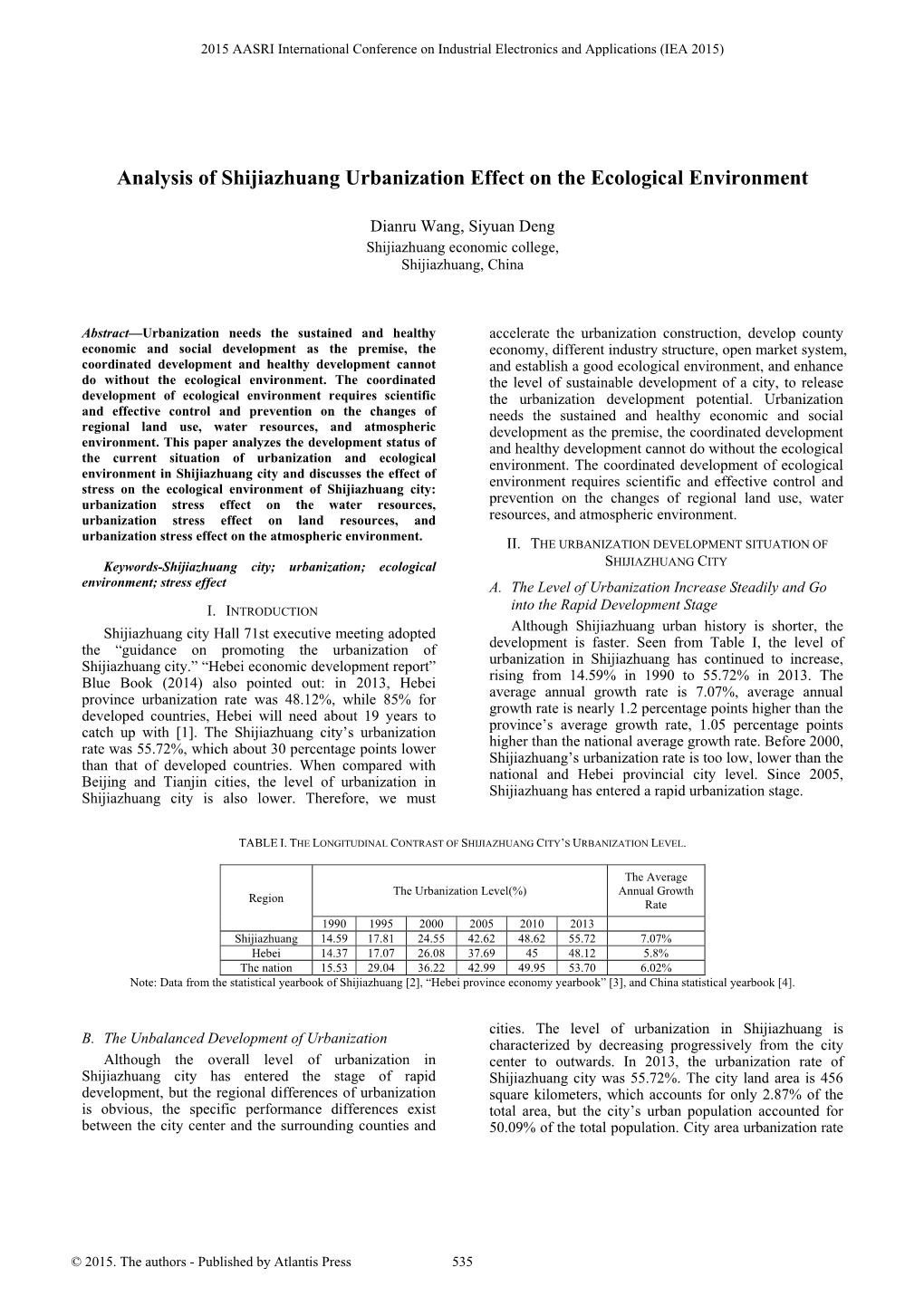 Analysis of Shijiazhuang Urbanization Effect on the Ecological Environment