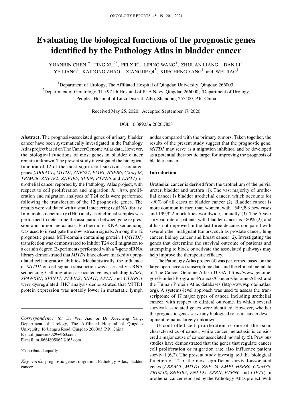 Evaluating the Biological Functions of the Prognostic Genes Identified by the Pathology Atlas in Bladder Cancer