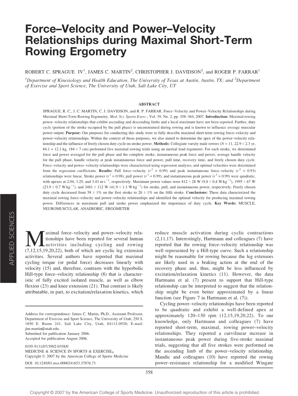 Force–Velocity and Power–Velocity Relationships During Maximal Short-Term Rowing Ergometry