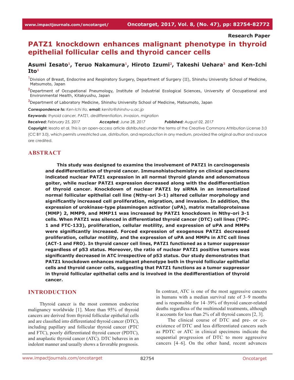 PATZ1 Knockdown Enhances Malignant Phenotype in Thyroid Epithelial Follicular Cells and Thyroid Cancer Cells