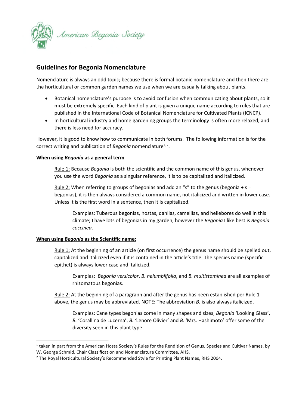 Guidelines for Begonia Nomenclature