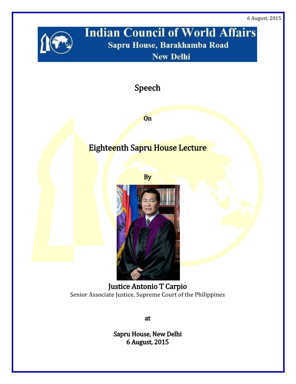 Speech Eighteenth Sapru House Lecture