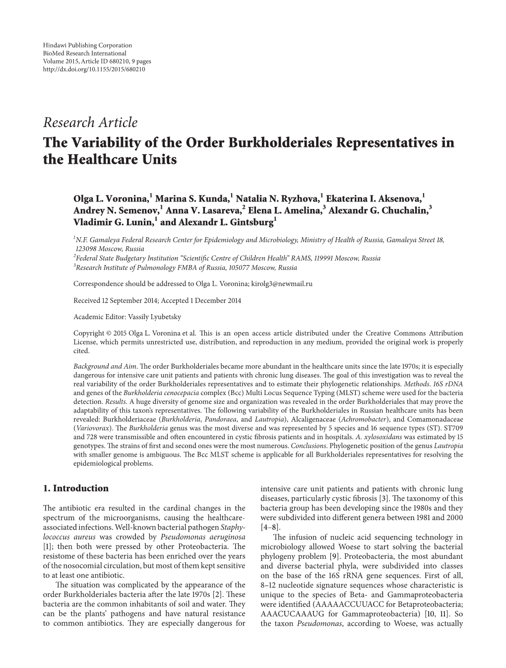 The Variability of the Order Burkholderiales Representatives in the Healthcare Units