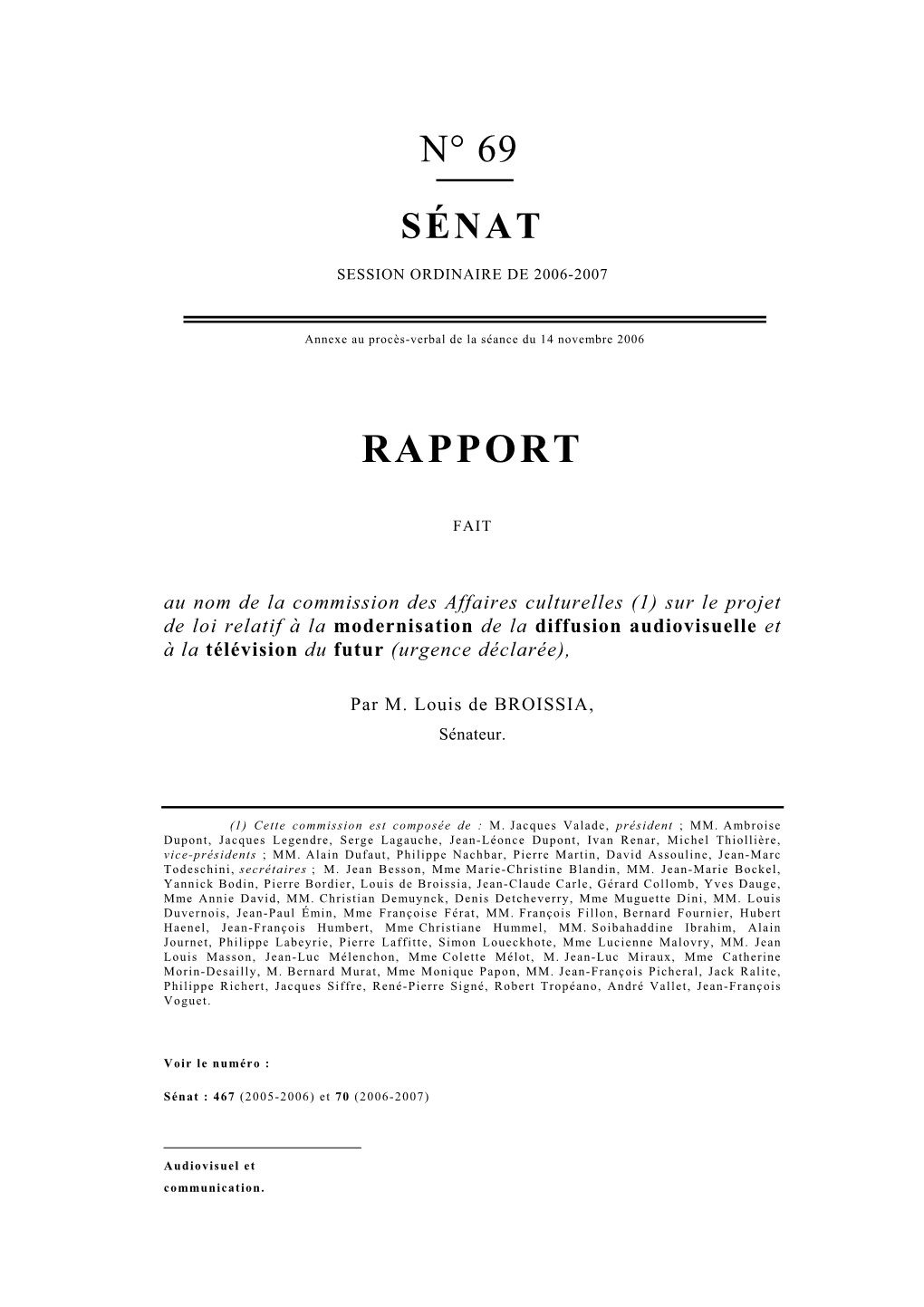 Rapport Sur Le Projet De Loi Relatif À La Modernisation De La Diffusion