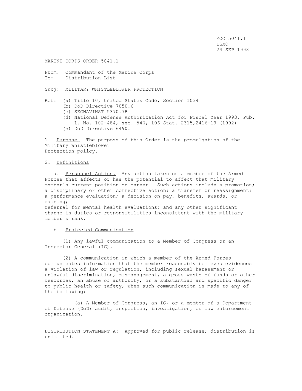 L. No. 102-484, Sec. 546, L06 Stat. 2315,2416-19 (1992) (E) Dod Directive 6490.1